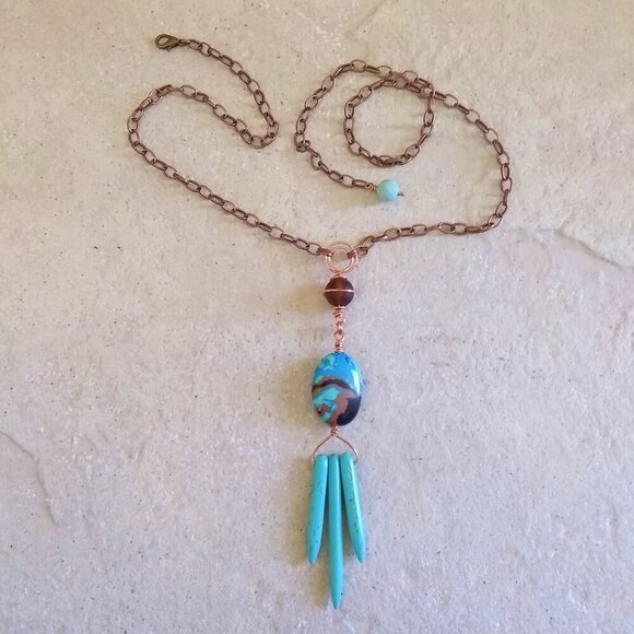 Boho Southwestern Wild Child Vibes! X-Long Turquoise & Brown Statement Necklace - Picture 2 of 12